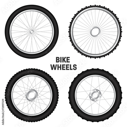 Realistic 3d bicycle wheels. Bike rubber tyres, shiny metal spokes and rims. Fitness cycle, touring, sport, road and mountain bike. Vector illustration