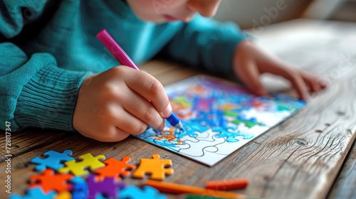 The child tries to decorate a picture with colored pencils depicting puzzles. Drawing lessons with a child suffering from autism.