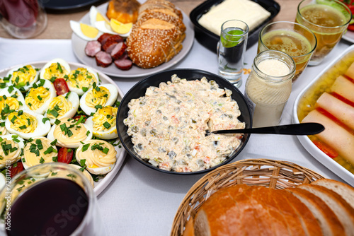Traditional dishes from Poland for Easter breakfast, visible vegetable salad