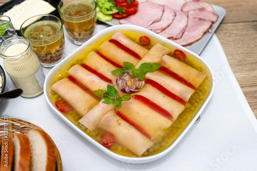 Traditional dishes from Poland for Easter breakfast, visible ham in jelly.