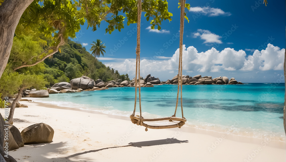 Magnificent hanging swing against the backdrop of the sea voyage