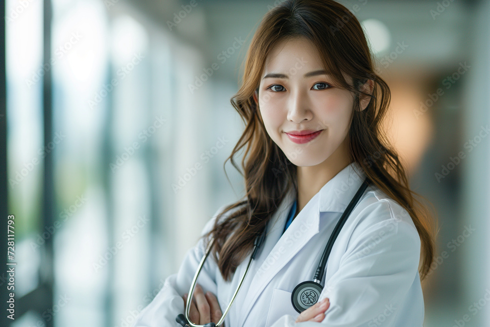 Asian doctor in hospital attire radiates professionalism and pharmaceutical expertise, embodying the compassionate core of medical care. Asian doctor in hospital attire radiates professionalism and pharmaceutical expertise, embodying the compassionate core of medical care.
