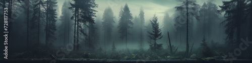 Panorama view of hazy forest. Scenic view of wild fir trees inside realistic white mist clouds. 