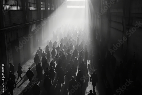 Silhouetted crowd moving through beams of light in an industrial setting, evoking a sense of unity and purpose