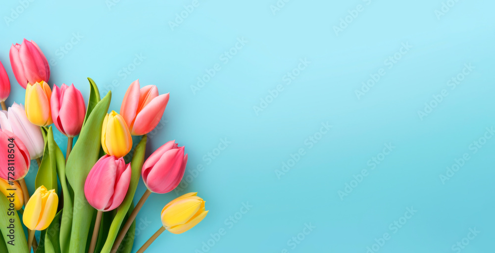 Colorful tulips border banner on blue background with copy space - obrazy, fototapety, plakaty 