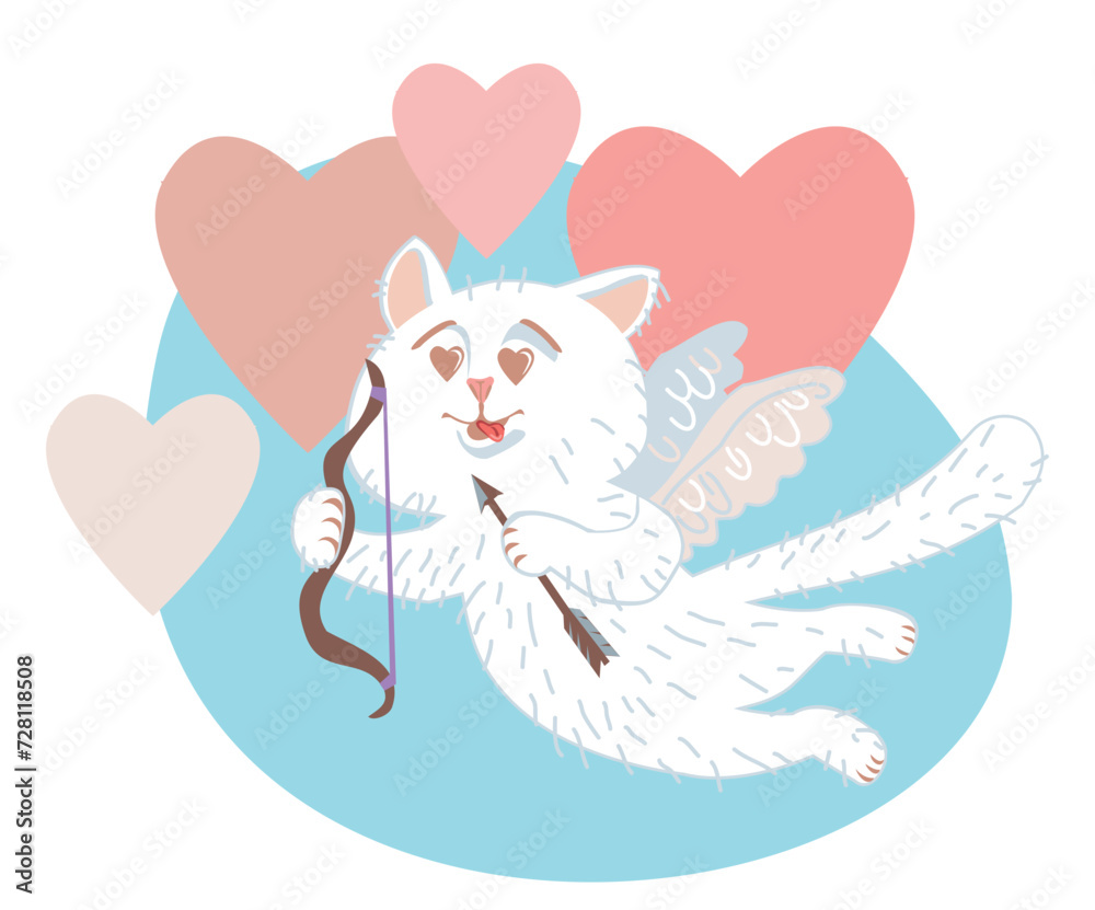 Be my valentine - cupid cat illustration. Funny cat with wings and bow. Heart background. Good for holiday greeting card banner poster t-shirt design. Doodle style. Be my valentine - cupid cat illustration. Funny cat with wings and bow. Heart background. Good for holiday greeting card banner poster t-shirt design. Doodle style.
