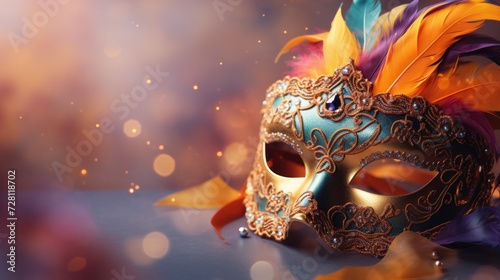 A vibrant carnival unfolds colorful masks adorning people's faces, creating atmosphere of joy, festivity, mystery. mask showcase intricate designs, adding element of elegance to lively celebration. photo