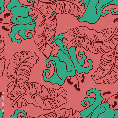 Banana plant leaves pattern for textile design, fabric print, wallpaper, digital paper. Palm tree leaf background, jungle vintage style, hand drawn illustration for spa salon, cafe, hotel decoration.