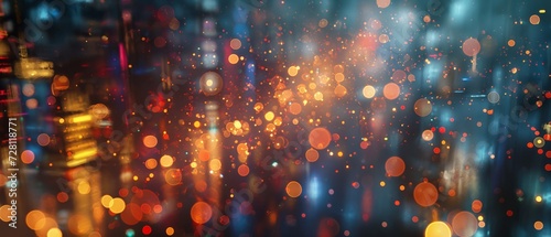 Steampunk nigth city bokeh. Defocused background. Shallow depth of field. Bright glowing lights in megapolis under dusk sky in evening on blurred background photo