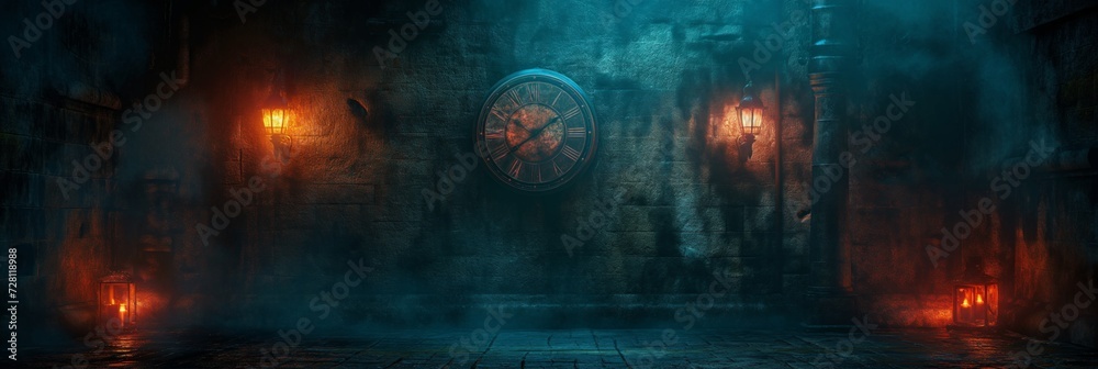 Fantasy steampunk background with retro clock and lamps on the walls. Space for text. Desktop wallpaper.