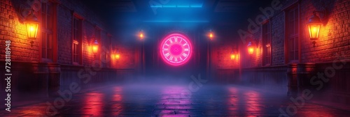 Fantasy steampunk background with neon clock and lamps on the walls. Space for text. Desktop wallpaper.  photo