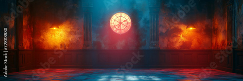 Fantasy steampunk background with neon clock and lamps on the walls. Space for text. Desktop wallpaper.