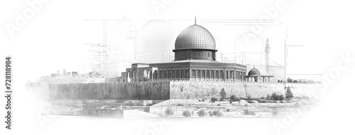 architectural drawing in ink black and white line illustration of the dome of the rock mosque in eastern old city of Jerusalem as wide poster banner photo