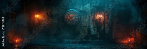 Fantasy steampunk background with retro clock and lamps on the walls. Space for text. Desktop wallpaper. © Yuliia