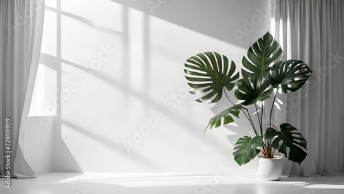 Minimalist interior with white wall and floor natural sunlight and tropical plant in pot.Living room mockup. Design presentations concept.Generative AI photo