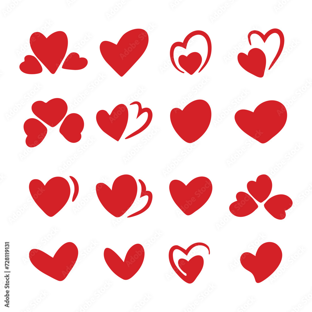 Red heart hand-drawn collection. Vector illustration.
