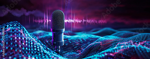 two chairs and microphones in podcast or interview room isolated on dark background as a wide banner for media conversations or podcast streamers concepts with copyspace photo