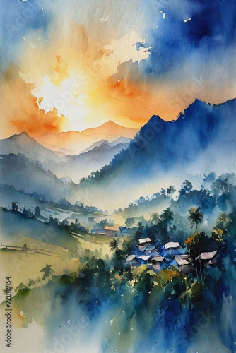 Watercolor Sunrise Serenity ,Morning in countryside