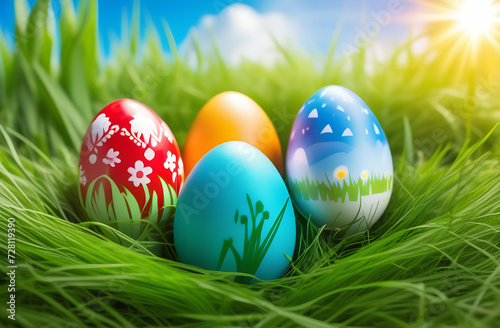 Colorful eggs in the grass, Easter card, illustration