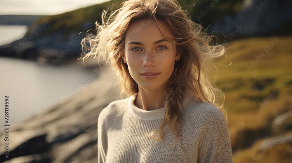 Female minimalistic portrait. Young beautiful white blonde cute woman on summer vacation. Sea, ocean slope, mountain, sunset evening sun. Hair flutters in wind. Autumn season. Backlight. March 8 Female minimalistic portrait. Young beautiful white blonde cute woman on summer vacation. Sea, ocean slope, mountain, sunset evening sun. Hair flutters in wind. Autumn season. Backlight. March 8