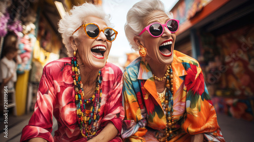 Two cheerful cheerful elderly white ladies in bright sunglasses, colorful shirts, with gray hair laugh and look at camera on street. Concept of cheerful old age, friendship, family, love, march 8