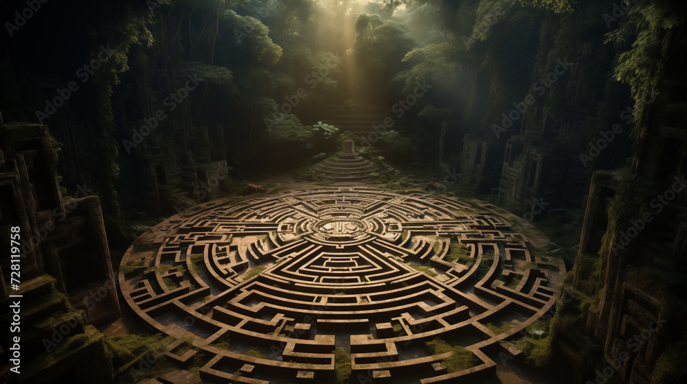 Ancient aztec labyrinth. Isometric view on old ancient maze lost in jungle under the sunlight.