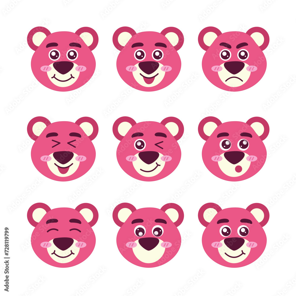 Cute Lotso doll face set. cute baby teddy bear. pink teddy bear set face illustration. isolated on white background.
