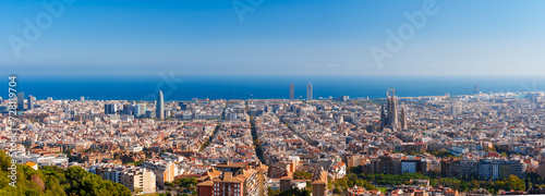 Panoramic view of Barcelona, Spain, showcasing the Eixample district's grid layout, the Sagrada Familia's spires, and the blend of modern and historical architecture against the Mediterranean Sea.