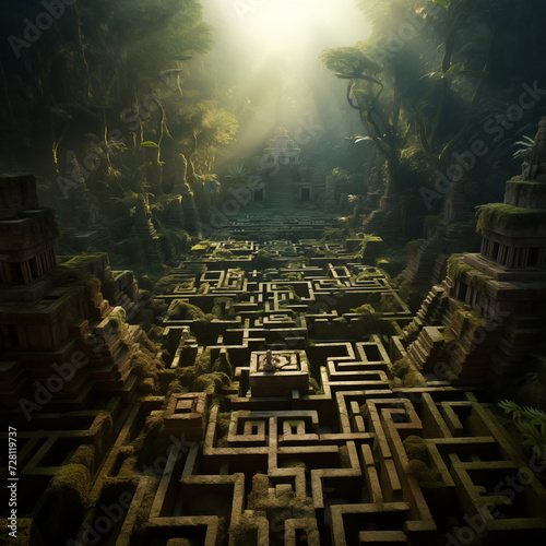 Ancient aztec labyrinth. Isometric view on old ancient maze lost in jungle under the sunlight.