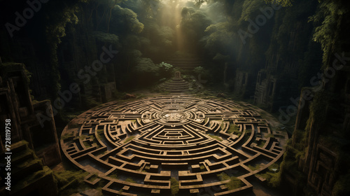 Ancient aztec labyrinth. Isometric view on old ancient maze lost in jungle under the sunlight.