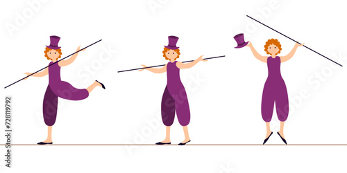 a balance beam on a tightrope, a circus performance, a cute vector illustration in a cartoon style, isolated on a white back