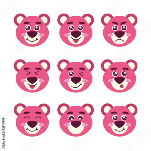 Cute Lotso doll face set. cute baby teddy bear. pink teddy bear set face illustration. isolated on white background.