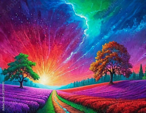 Mystical landscape with trees  blooming field and setting sun under a starry sky. The earth is covered with a field of blooming flowers  A narrow river flows in the middle of the field.