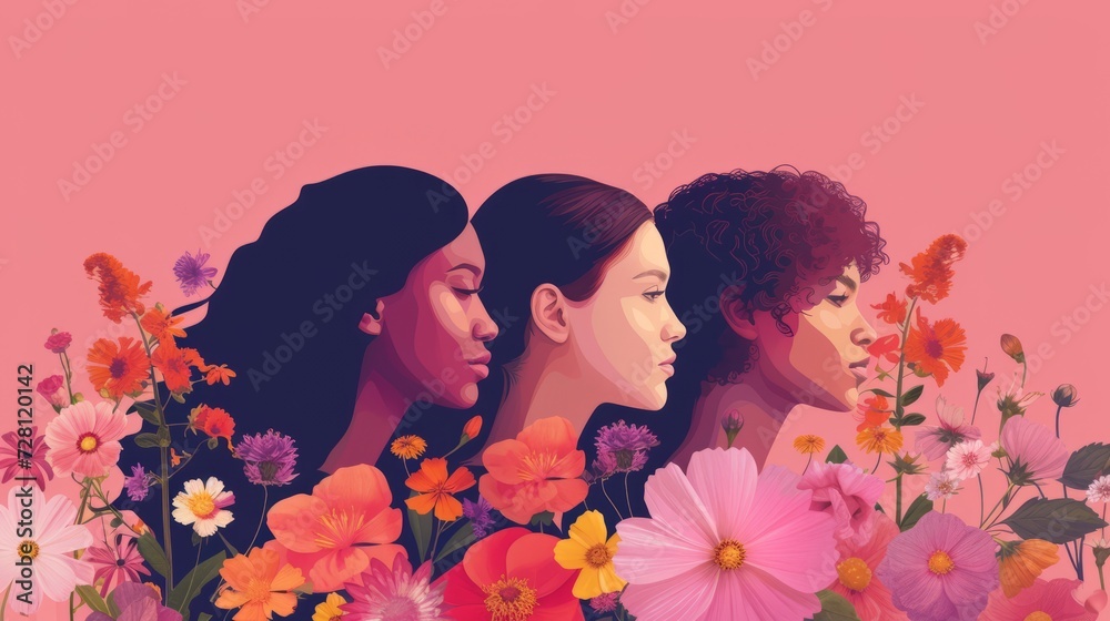 three beauitful diverse women next to each other with flowers on a pink background. symbolizing 8th march International Women's Day for equal rights. wallpaper background.
