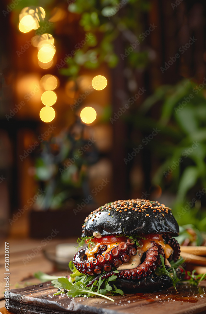 Seafood burger. Black bun seafood octopus burger on wooden background