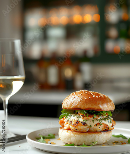 Seafood shrimps burger on white plate on the table, served with white wine, copy space