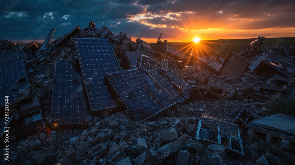Heap of old solar panels on landfill with a sunset in the background ...
