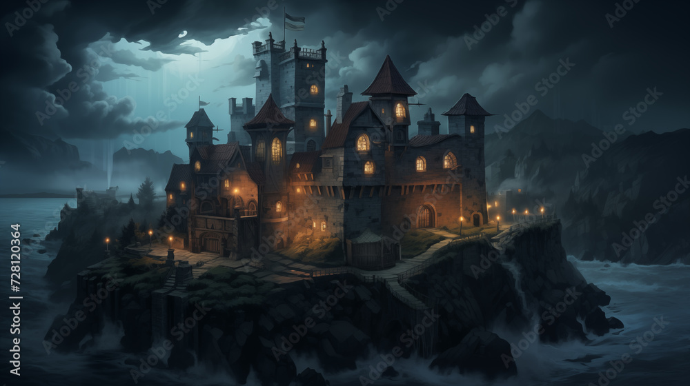 Old gothic castle on island at night with dark clouds on the sky.