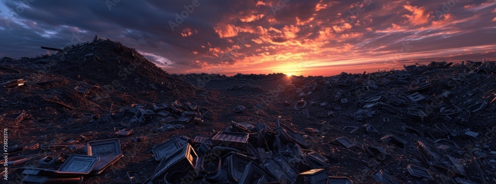 Landfill with a sunset in the background. Environmental degradation and pollution