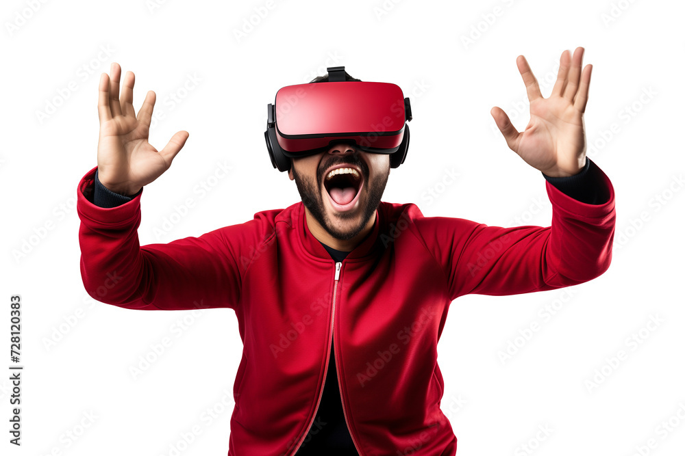 Man in red enjoying a virtual reality experience Man in red enjoying a virtual reality experience