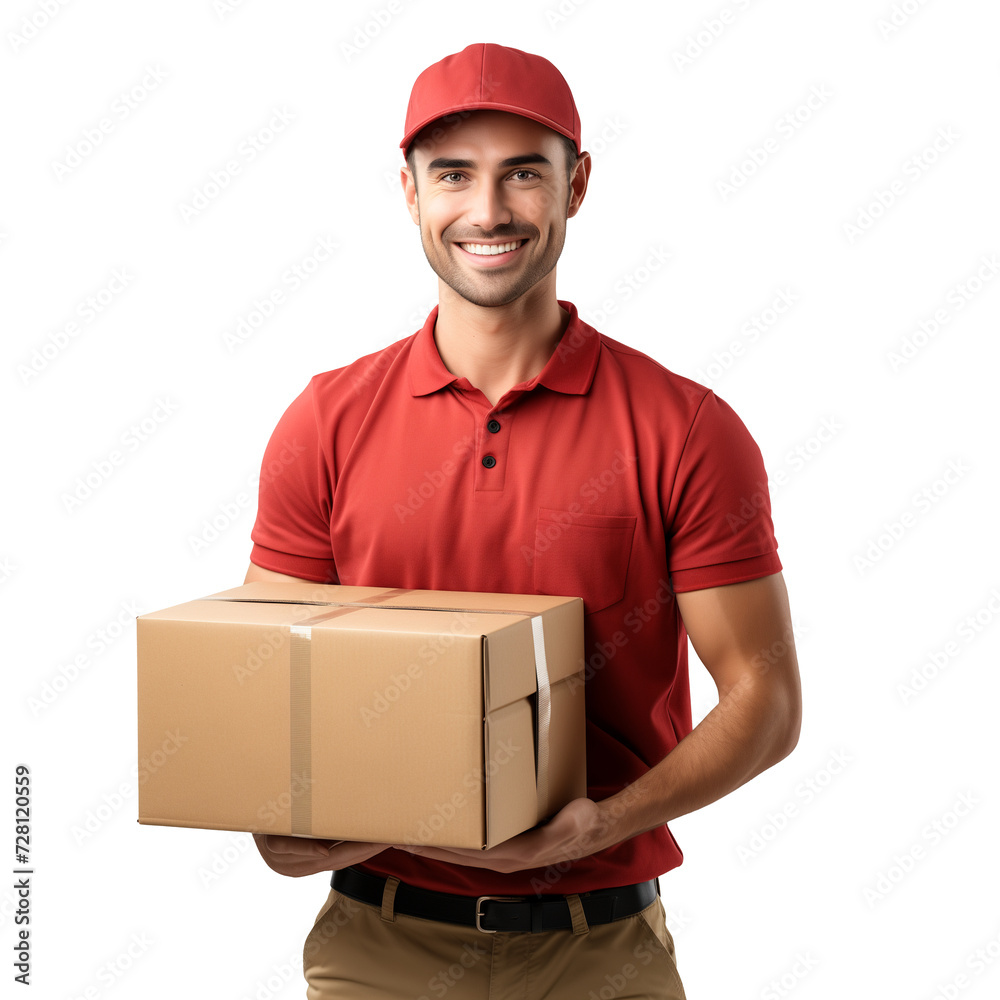 Smiling delivery man in red uniform holding a package Smiling delivery man in red uniform holding a package