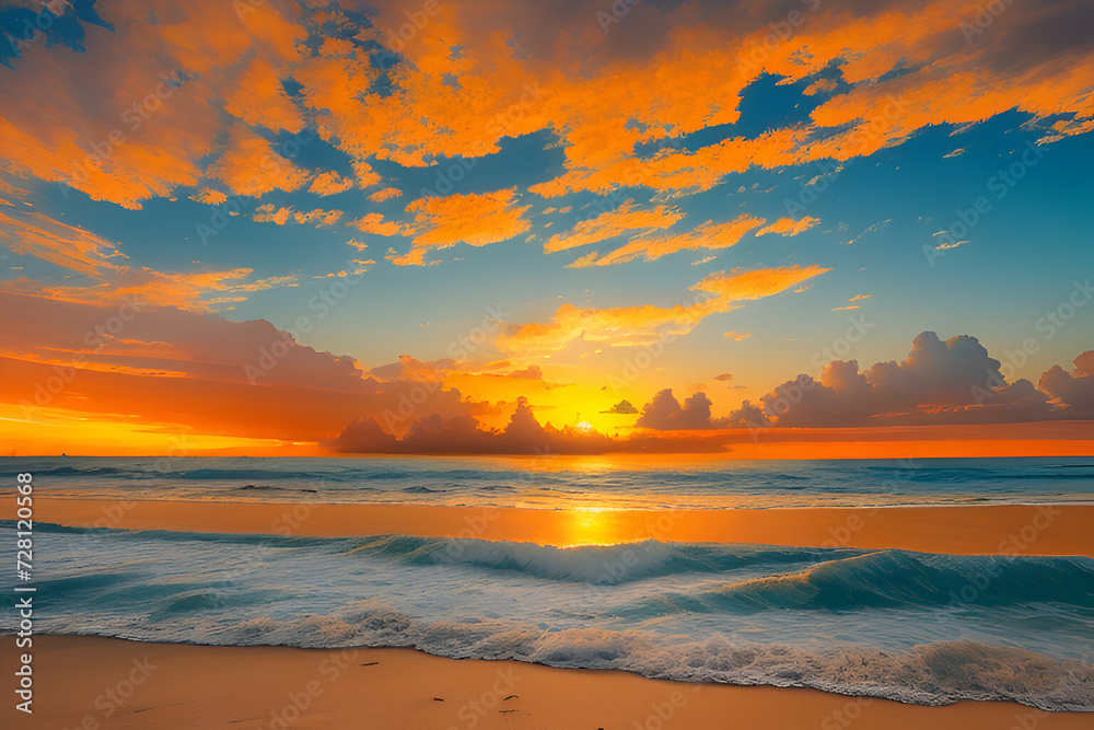 Close-up Sea Sand Beach Panoramic Tropical Seascape Horizon. Orange and Golden Sunset Sky Evokes Calm Tranquility, Relaxing Summer Mood. Vacation Travel Holiday Banner with Inspiring Landscape