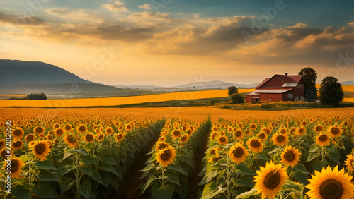 Sunset over the field of sunflowers