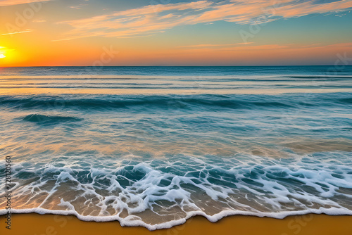 Close-up Sea Sand Beach Panoramic Tropical Seascape Horizon. Orange and Golden Sunset Sky Evokes Calm Tranquility  Relaxing Summer Mood. Vacation Travel Holiday Banner with Inspiring Landscape