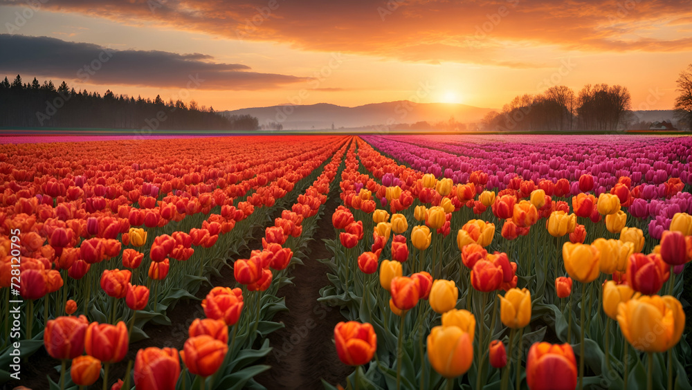 Field of tulips in spring at sunrise