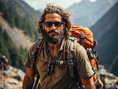 Rugged male hiker with beard trekking in sunny mountain terrain