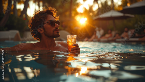 A man drinking a cocktail in the outdoor swimming pool © akarawit