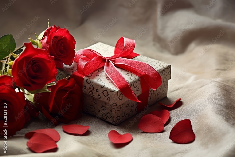 Romantic Red Roses and Gift Box Tied With Ribbon Romantic Red Roses and Gift Box Tied With Ribbon