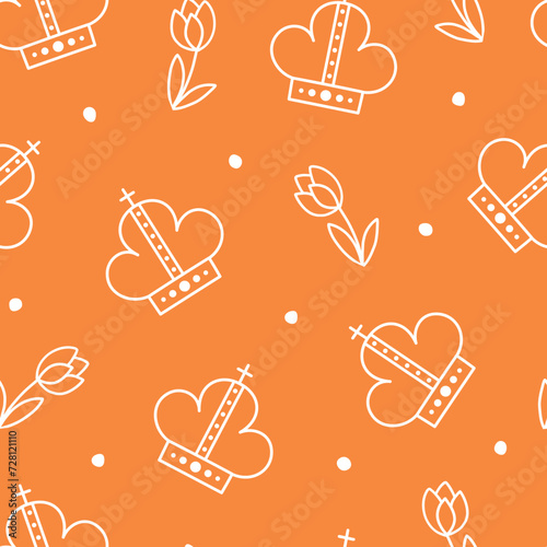 Koningsdag (King's Day) celebration seamless pattern with hand drawn doodle crowns and tulips on orange background. Dutch holidays theme. Vector illustration.