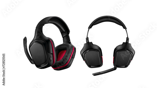 Black and red gaming headsets isolated on white background. photo